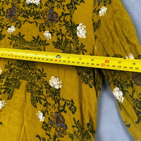 Free People Mustard Yellow Floral V-Back Long Sleeve Ruffle Mini Dress Small - Picture 4 of 6
